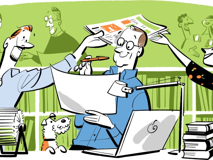 Cartoon illustration of newspaper editor at desk with papers flying around, colleagues in background