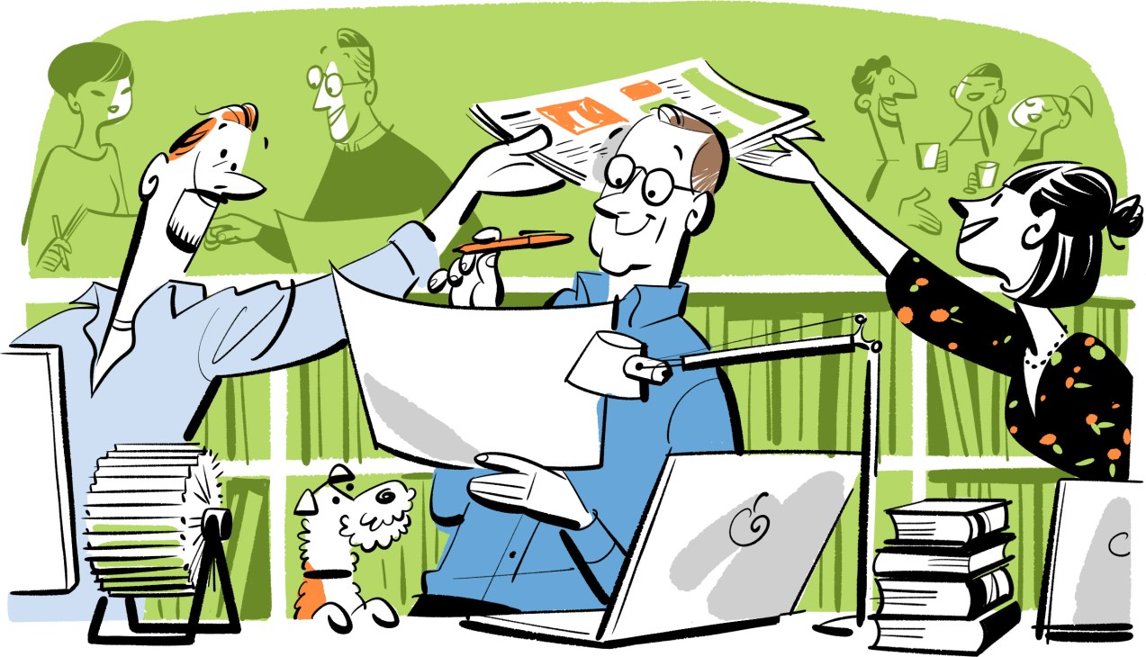 Cartoon illustration of newspaper editor at desk with papers flying around, colleagues in background