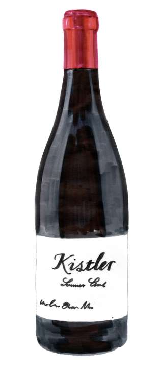 Kistler 2018 Pinot Noir wine bottle from Sonoma Coast, California with red foil and white label.