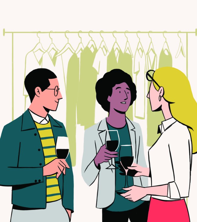 Illustration of three people holding wine glasses in a clothing store with garments hanging on a rack behind them.