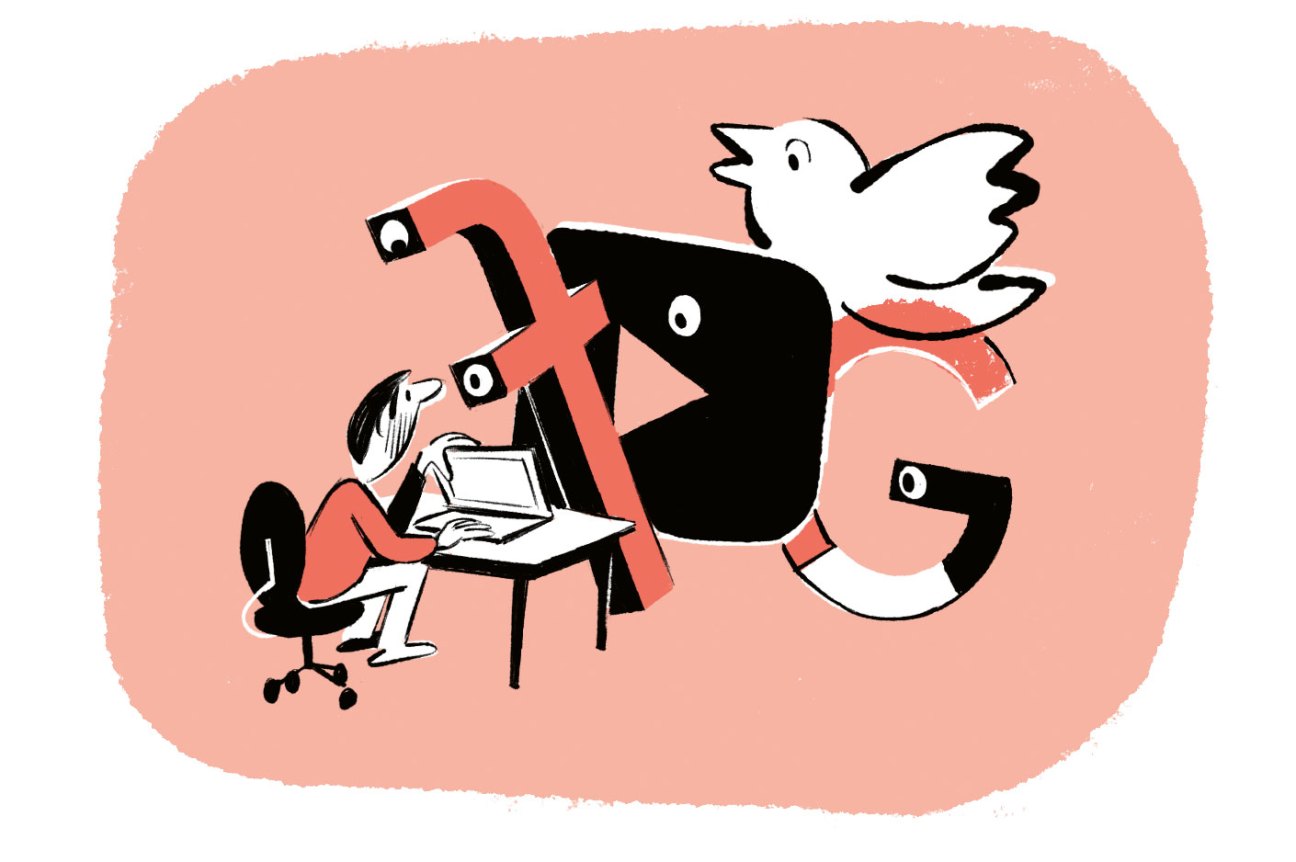Illustration of person at laptop surrounded by large numbers and a white dove