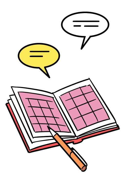 Open book with pink grid pages, pencil, and speech bubbles showing handwritten notes and planning