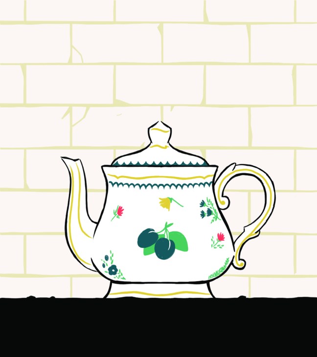 Illustration of a decorative porcelain teapot with floral motifs and gold trim against a brick wall background.