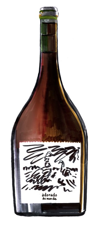 Bottle of Adorado de Menade Solera fortified wine from Spain with minimalist sketch label design.