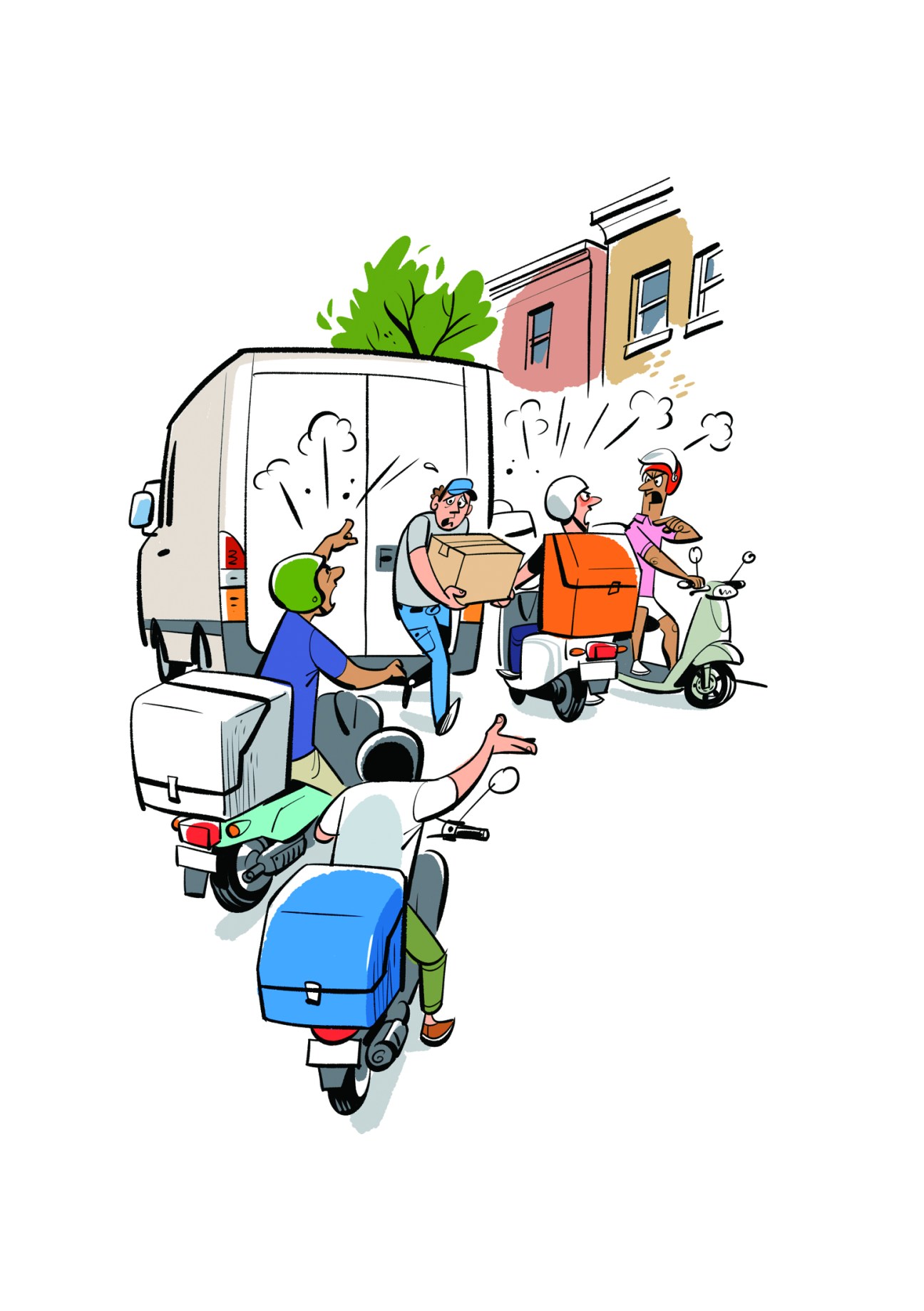 Cartoon illustration of delivery drivers with motorcycles and scooters creating chaotic traffic outside buildings