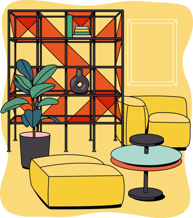 Colorful modular office furniture with geometric glass panels, yellow seating, and modern design elements