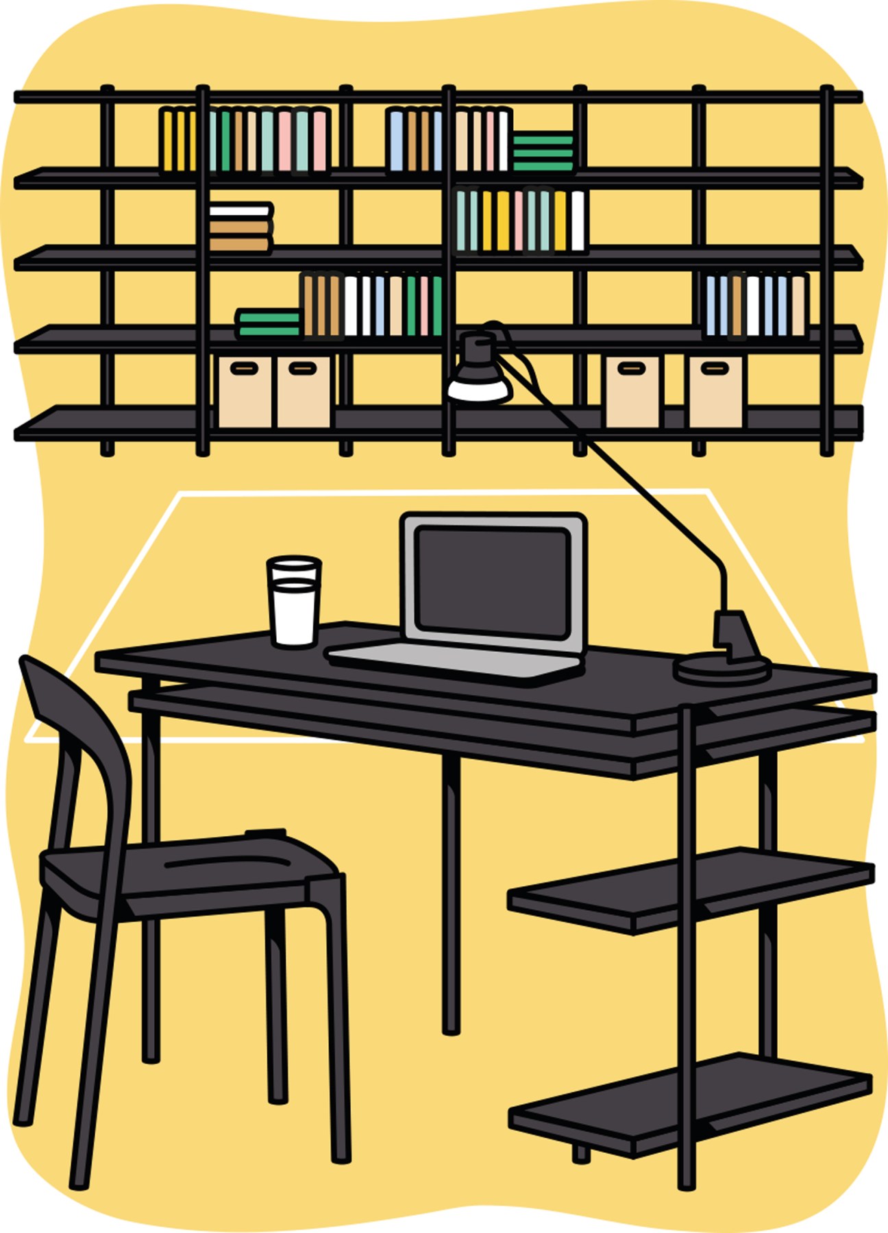 Illustration of a home office setup with black desk, laptop, task lamp, chair, and shelving system filled with books