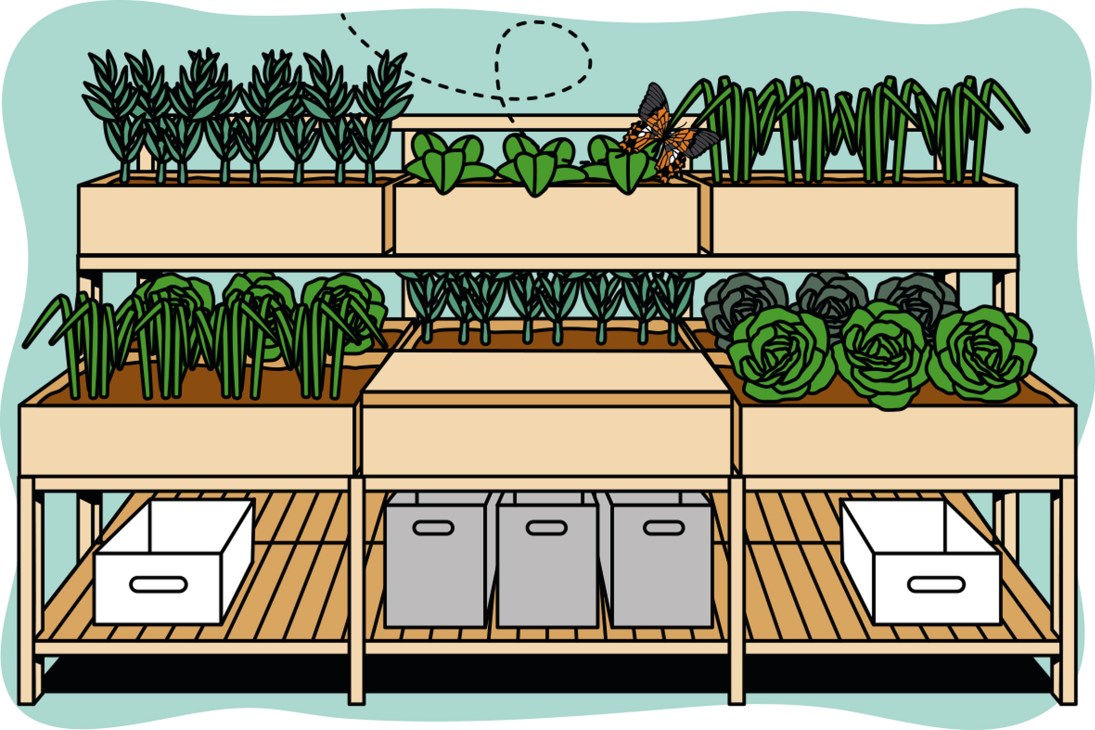 Kettal's Hydroponic Garden system showing tiered wooden shelving with various plants and vegetables growing in containers