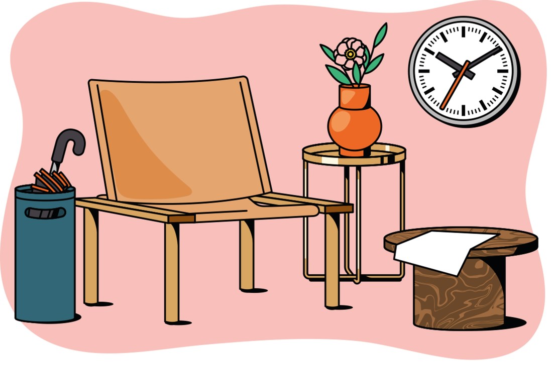 Modern office waiting area with lounge chair by Jonas Lutz with marble and steel side tables , plant, clock, and umbrella stand