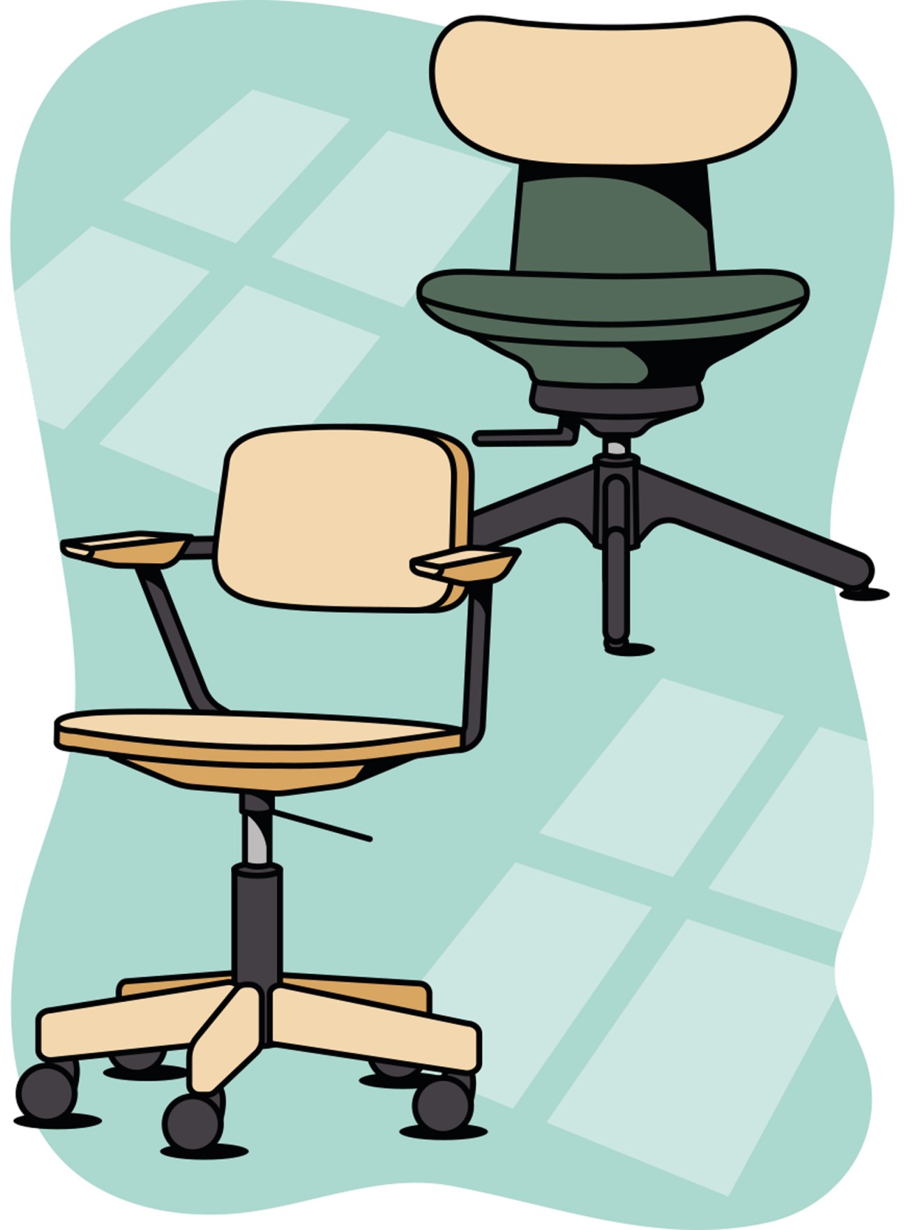 Two office chairs - a beige upholstered desk chair with wheels and a modern green swivel chair on tiled floor