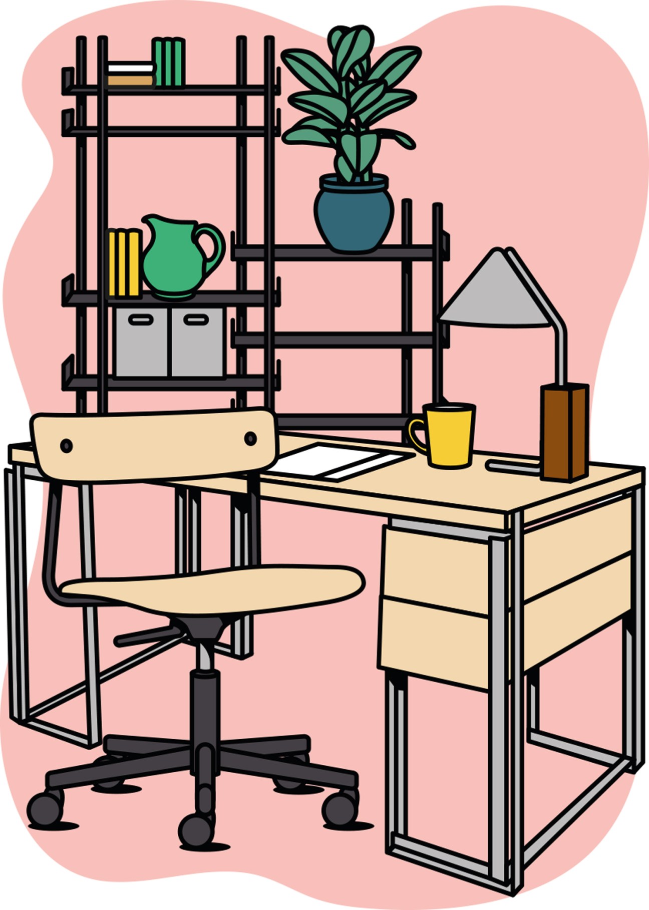 Scandinavian office furniture including Kristina Dam Studio desk, Nobuko shelving system, and Cross Task Chair in Nordic colors