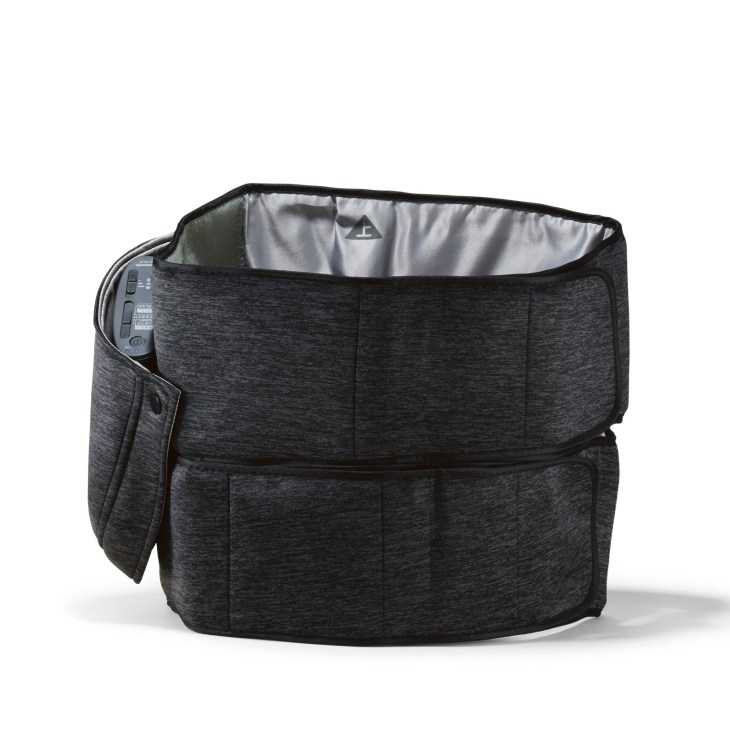 Panasonic cordless air massager with gray fabric exterior and silver interior lining.