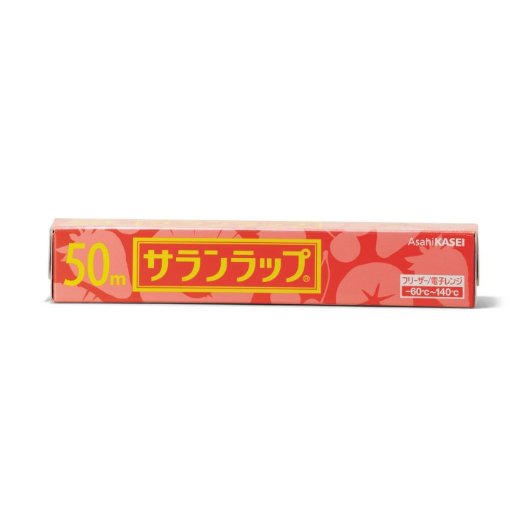 Red Asahi Kasei Saran Wrap clingfilm box with yellow text and Japanese characters, 50m size.