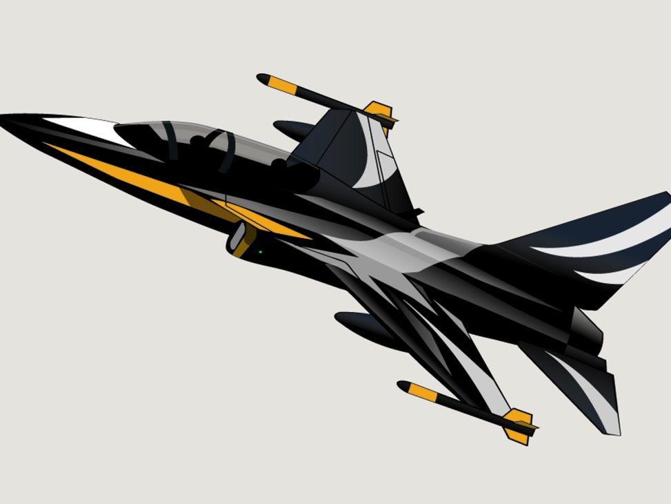 Stylized illustration of a military fighter jet in black and yellow livery against a light background