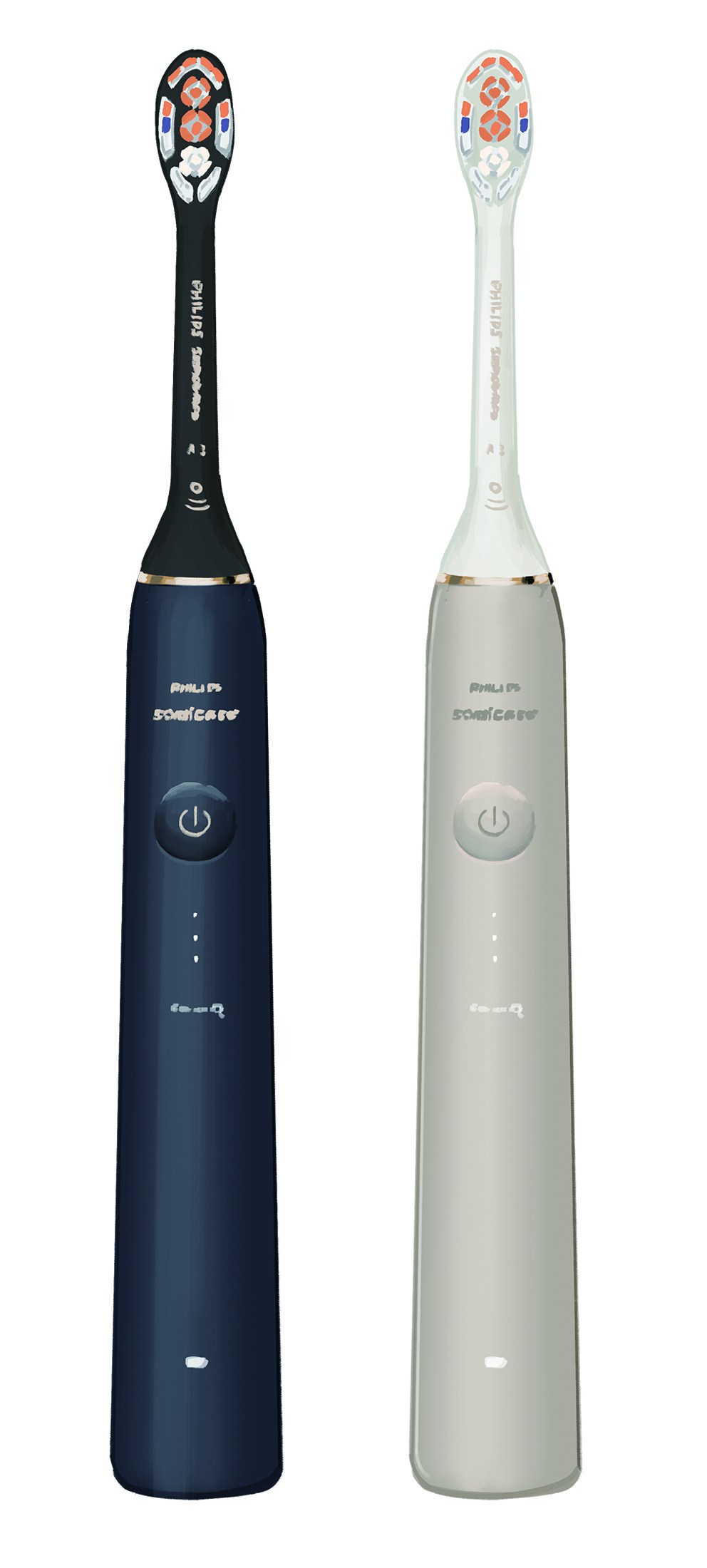 Philips Sonicare 9900 Prestige electric toothbrushes in navy blue and light gray with charging cases