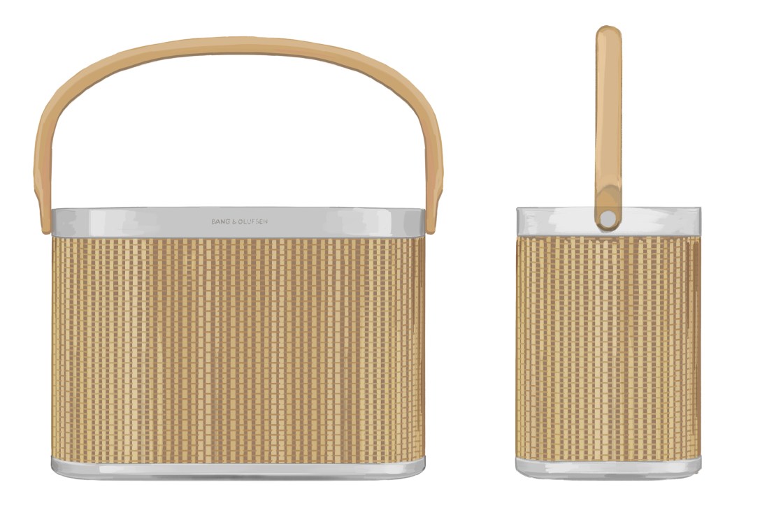 Bang & Olufsen Beosound A5 portable Bluetooth speakers with aluminum bodies and wooden handles