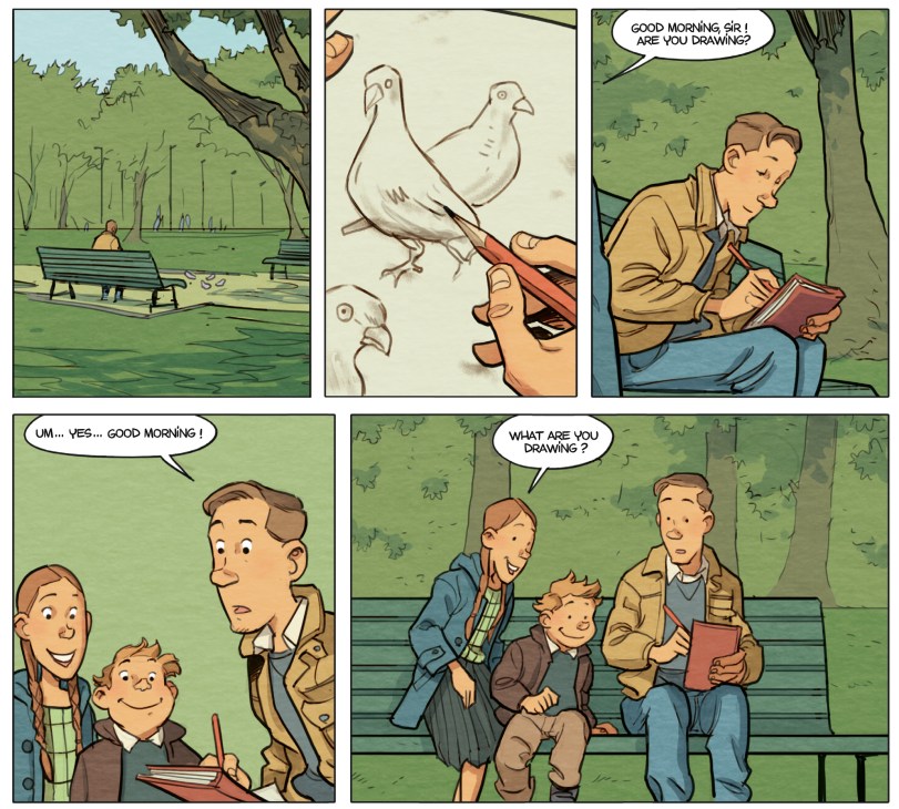First panel of Hamo's illustrated story about Franco-Belgian bande dessinées