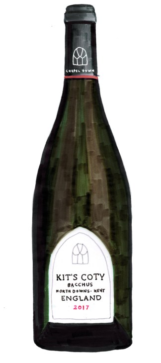 Chapel Down Kit's Coty Bacchus 2017 white wine bottle from Kent, England.