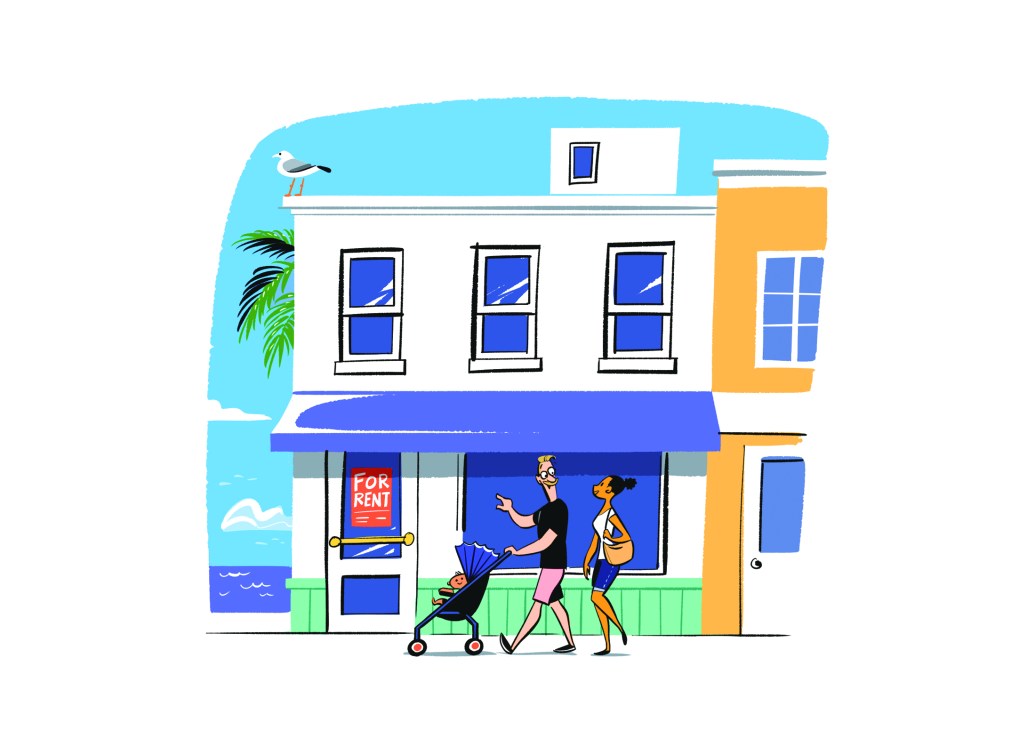 Colorful illustrated building with family walking past storefront, seagull on roof, palm tree and ocean view