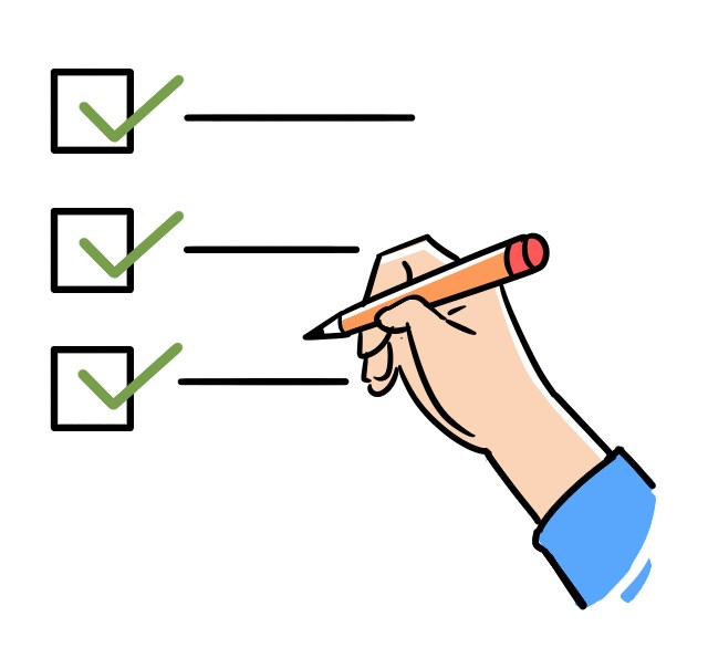 Hand holding pencil writing on checklist with three completed checkboxes