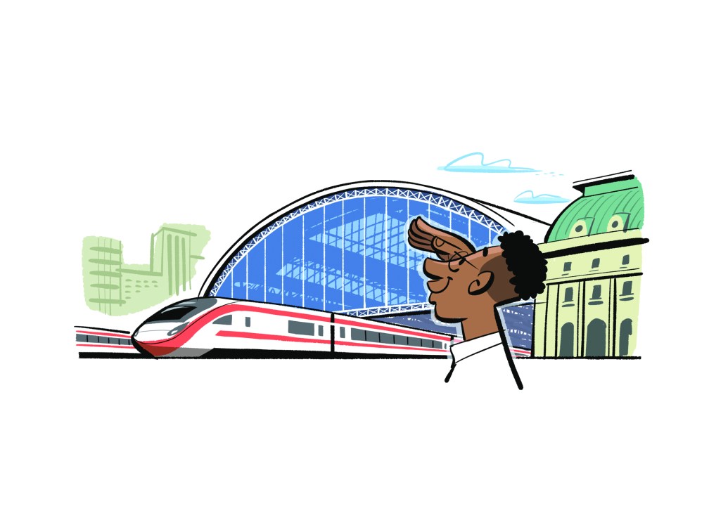 A cartoon illustration showing a person with glasses looking at a modern high-speed train at a station with classical architecture