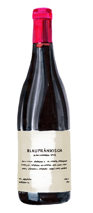 Blaufränkisch 2019 wine bottle with pink foil cap and cream label against white background.