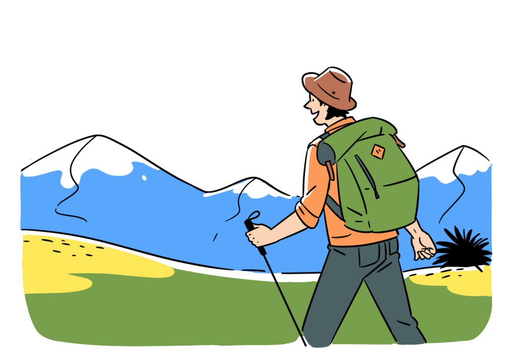 Illustration of a hiker with a green backpack and brown hat walking through a mountainous landscape with blue sky and green grass.