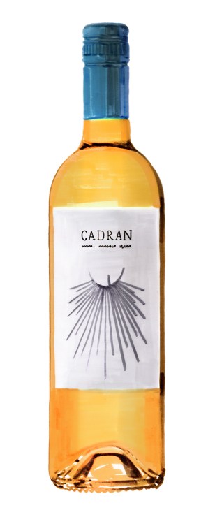 Bottle of Cadran 2020 white wine from Château Monestier La Tour with blue foil cap and sun illustration label.
