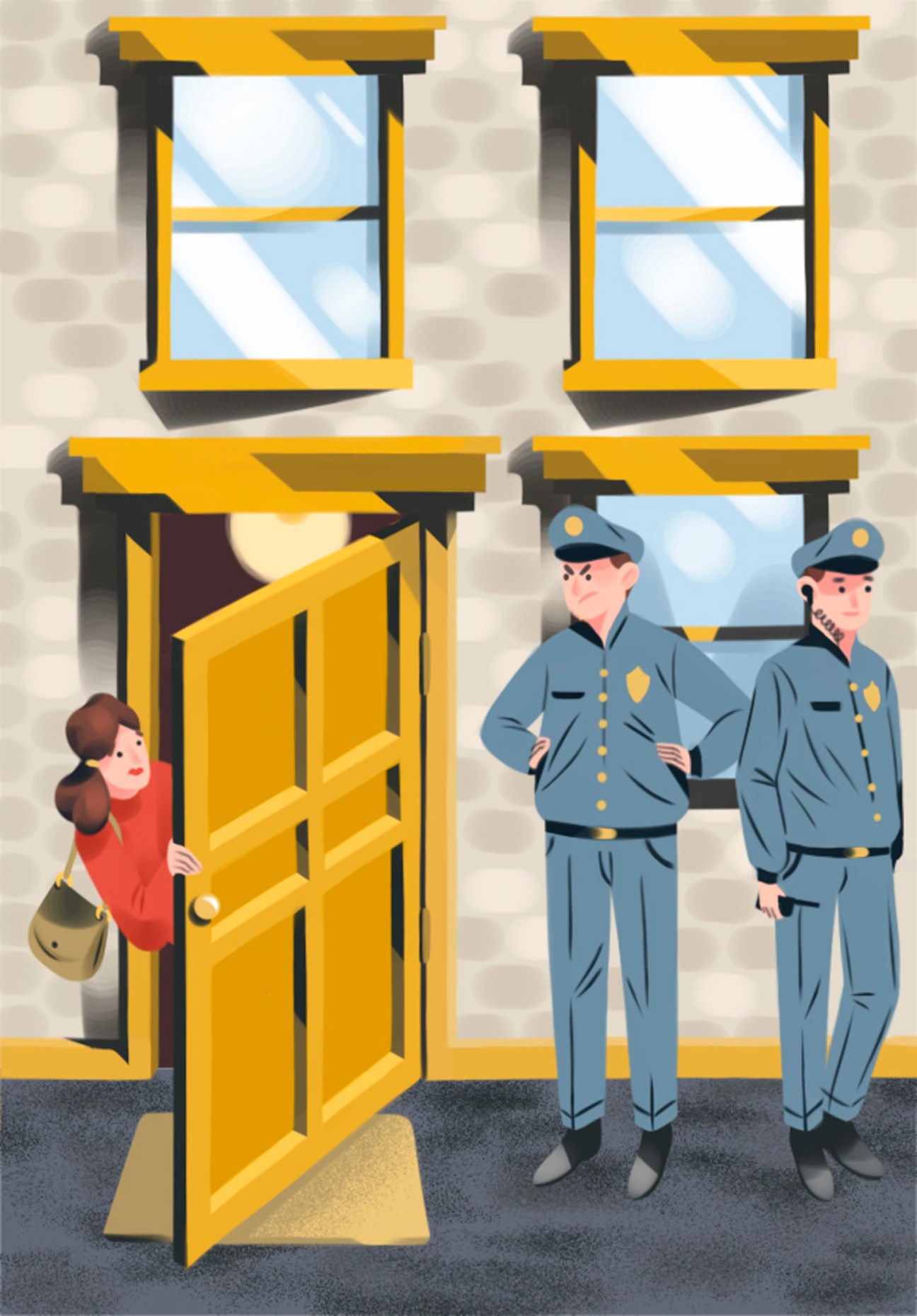 Illustration of a woman entering a yellow-framed building with two uniformed officers standing guard outside.