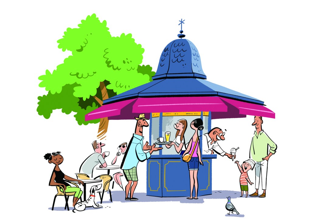 Illustrated kiosk with blue dome and pink awning serving drinks to diverse group of people in public square with tree