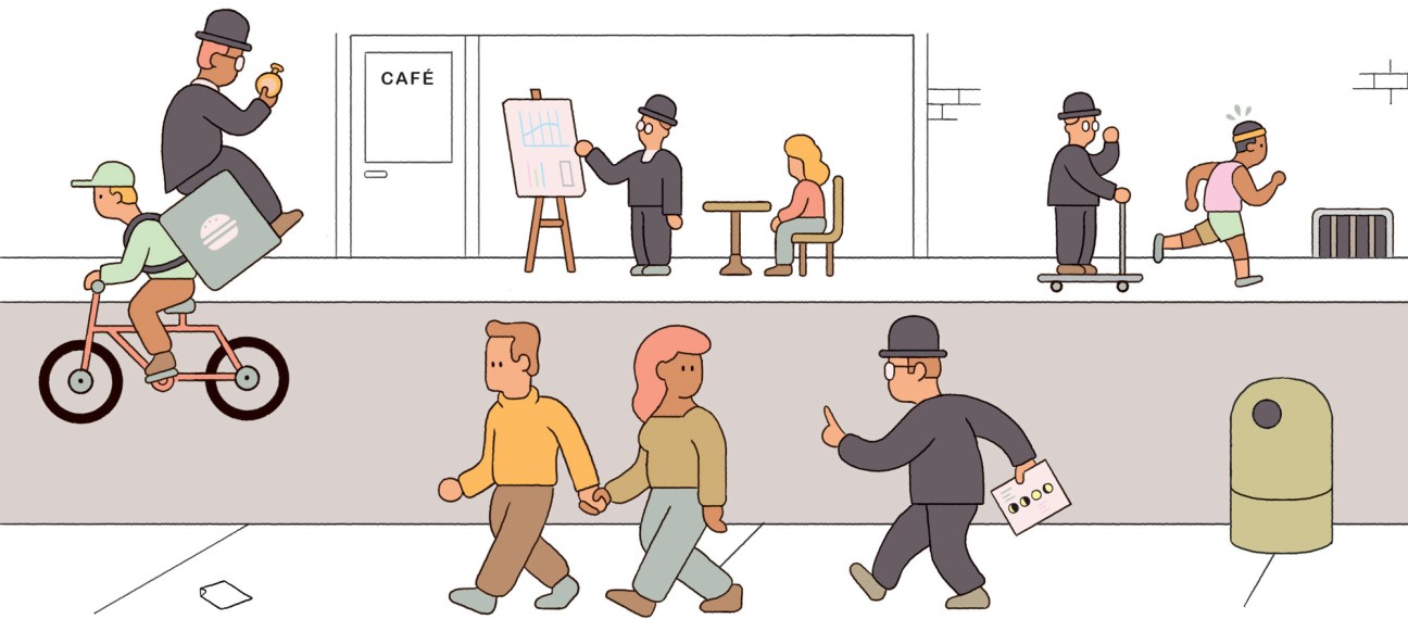Illustration of people in a street scene with figures in bowler hats appearing to track or follow others