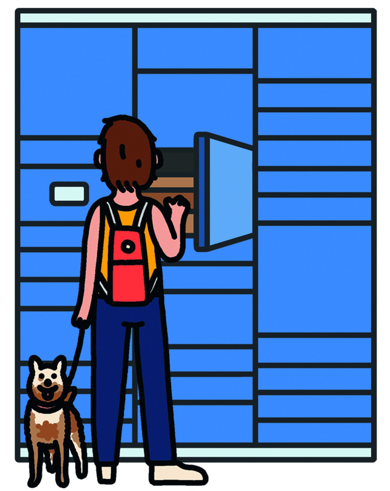 Illustration of a person with a backpack holding an open book, standing with a dog in front of a blue window grid.