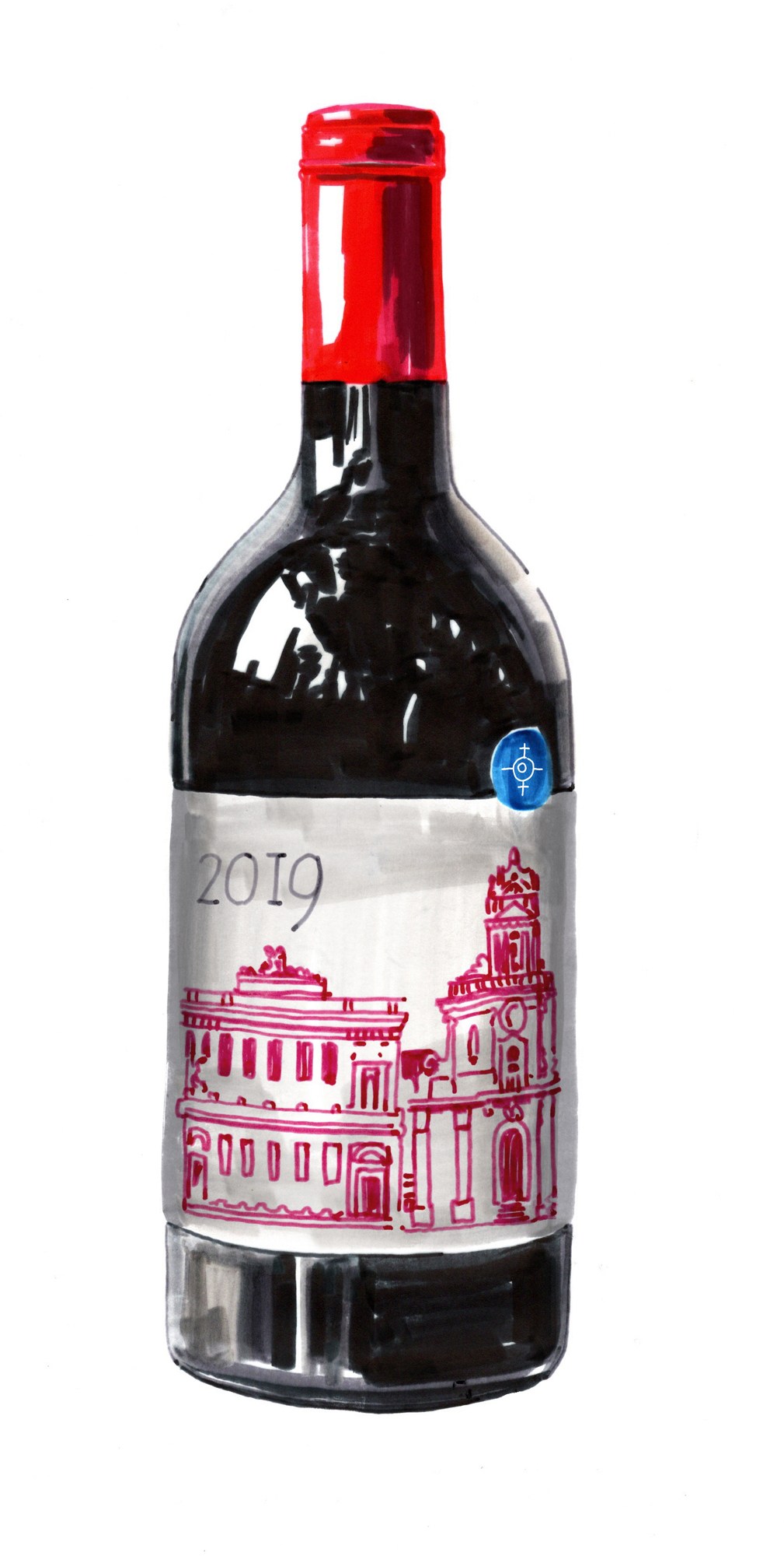 Wine bottle with red foil cap, white label featuring red architectural illustration and 2019 vintage year