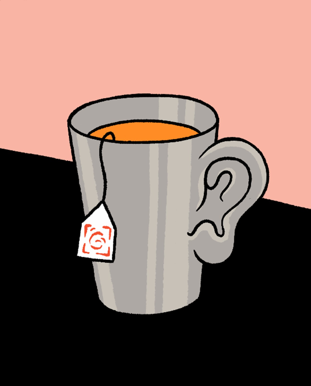 Illustration of a white mug with tea bag and decorative handle on pink and black background