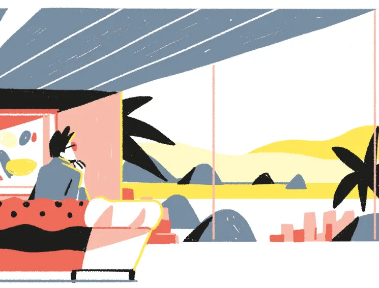 Flat illustration of a person at a desk with a tropical coastal view.