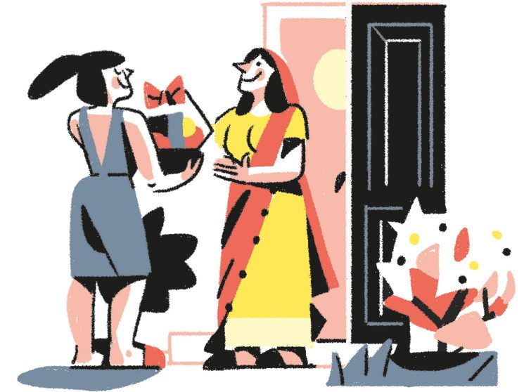 Illustration of two women exchanging gifts