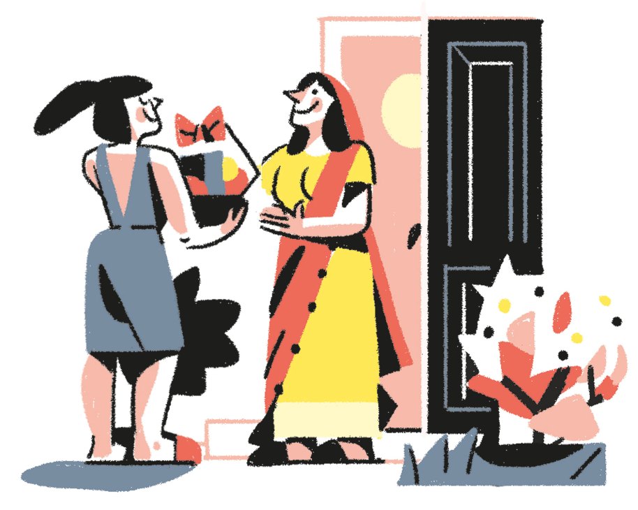Two neighbors greeting each other at a doorway, one holding a bottle of wine