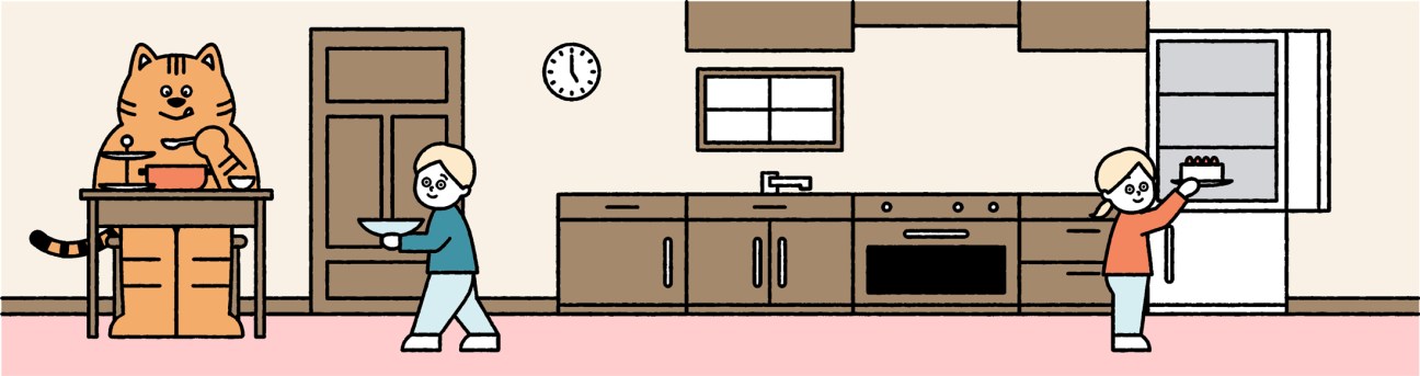 Illustration of a kitchen scene with a smiling cat at a table, a person carrying a plate, and another person reaching toward open shelves.