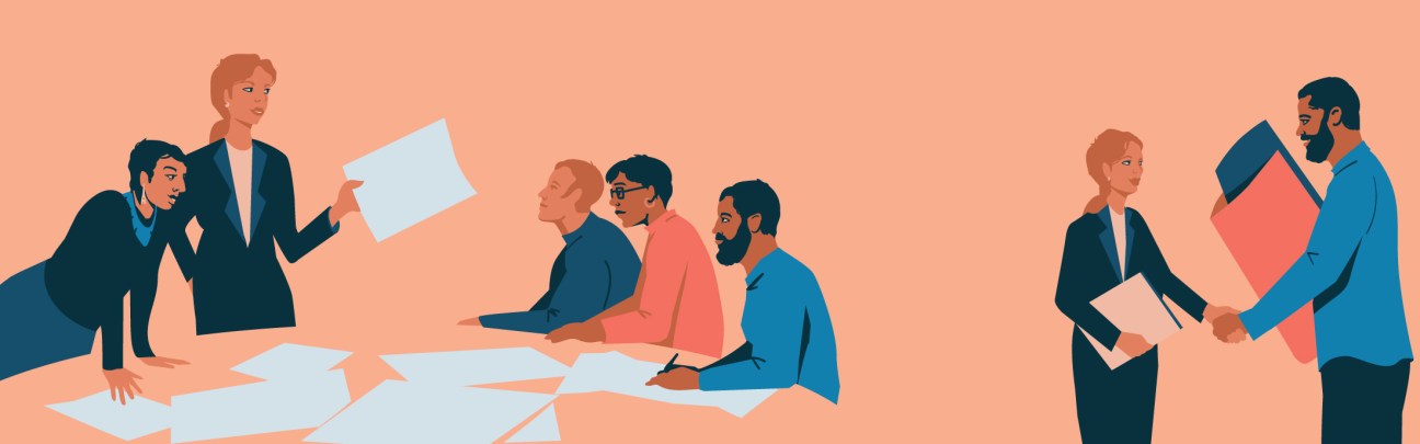 Illustration of diverse business professionals collaborating in a meeting with documents and conversation.