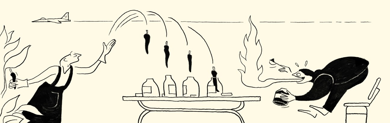 Illustration of two figures with raised hands near a large dome structure containing hanging chili peppers and bottles, with flames and a plane in background.