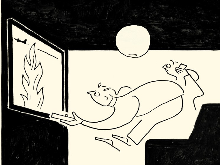 Illustration of a person relaxing indoors watching a screen showing flames while holding a cup.