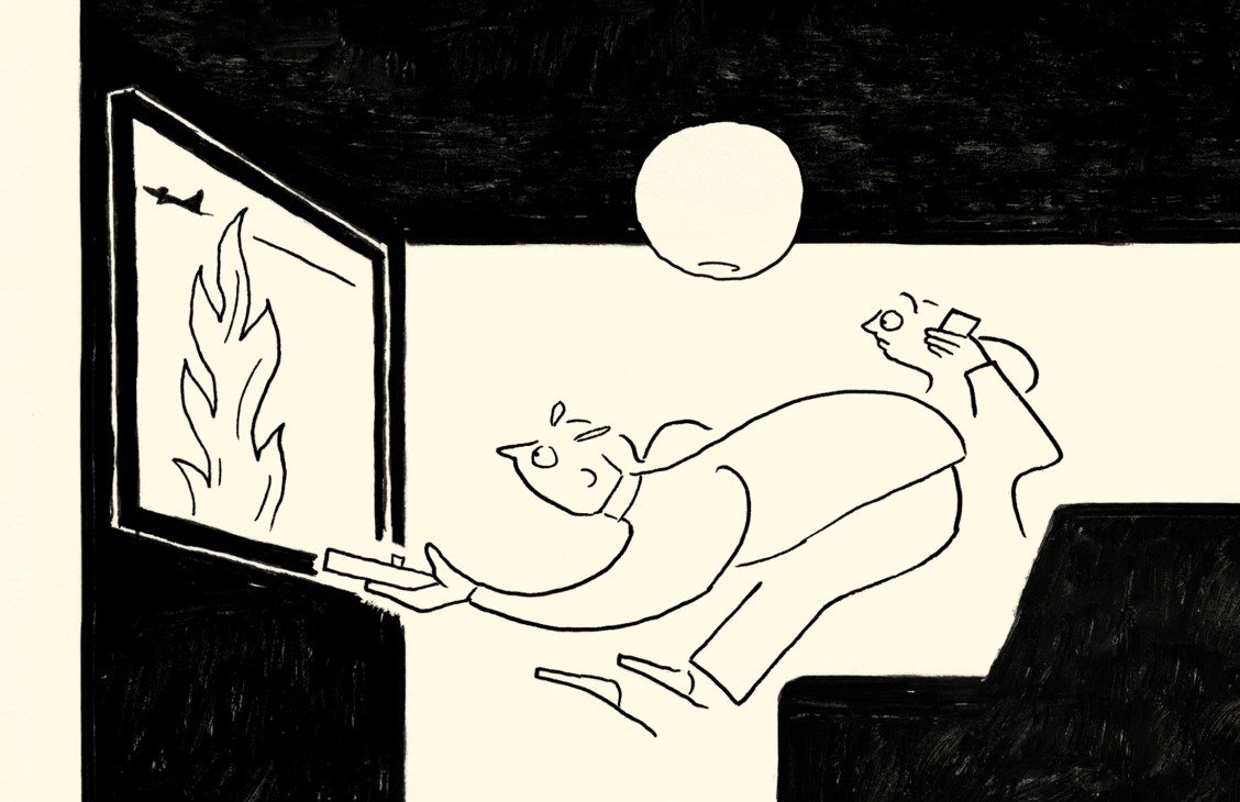 Illustration of a person relaxing indoors watching a screen showing flames while holding a cup.