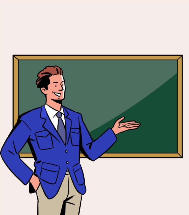 Illustrated businessman in blue suit gesturing toward blank chalkboard in classroom setting