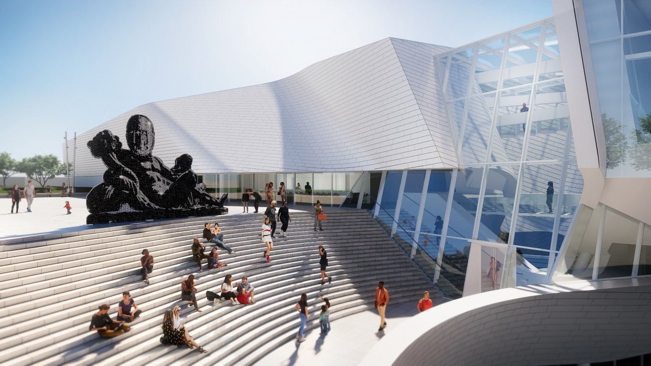 Architectural rendering of Orange County Museum of Art new building with curved roof and outdoor steps