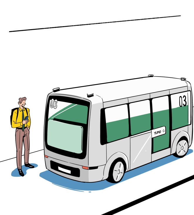 Modern white and green electric Yumo Shuttle Bus with a person standing beside it