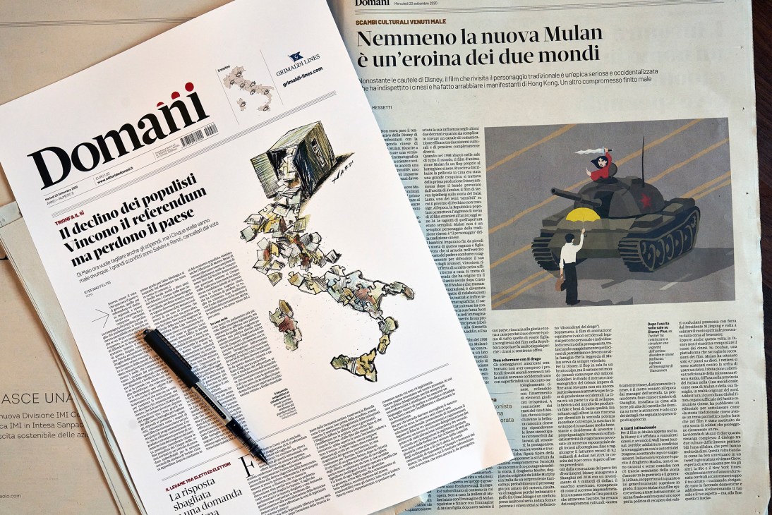 Domani newspaper editorial meeting in Rome with editor Stefano Feltri addressing journalists around a table.