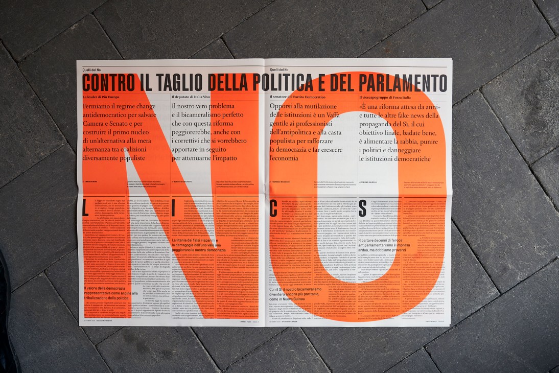 Linkiesta newspaper spread showing Italian political commentary with bold orange and white design layout.