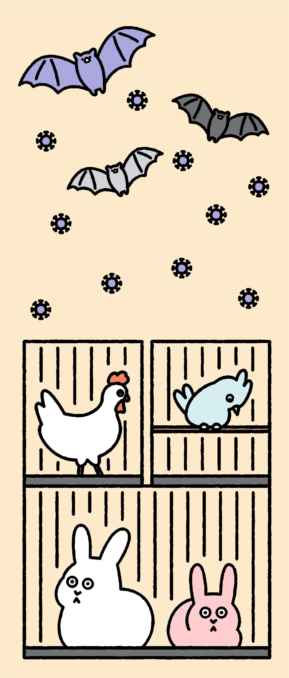 Illustration of bats and virus particles above a wet market with caged animals including chicken, fish, and rabbits.