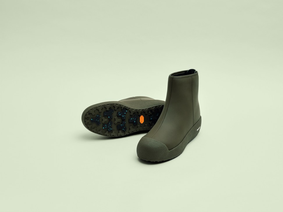 Bally × Monocle curling boot in olive with Vibram sole and wool lining.