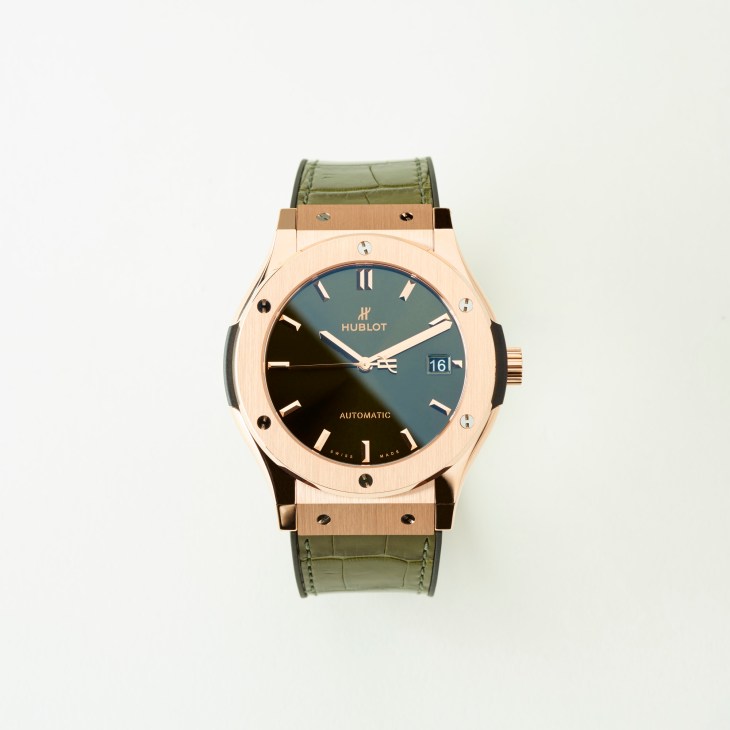 Hublot Classic Fusion King Gold Green automatic watch with slate dial and green leather strap
